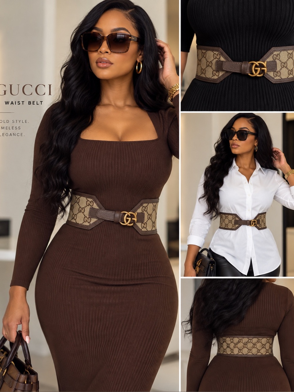 Brown GG Canvas Waist Belt with Gold Double G Buckle